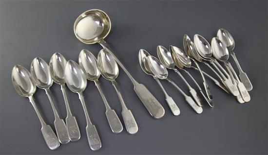 A part canteen of late 19th century Russian 84 zolotnik fiddle pattern flatware, 35 oz.